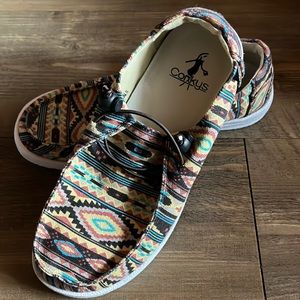 Corkys Adorable Aztec slip on Hey Dude style shoes